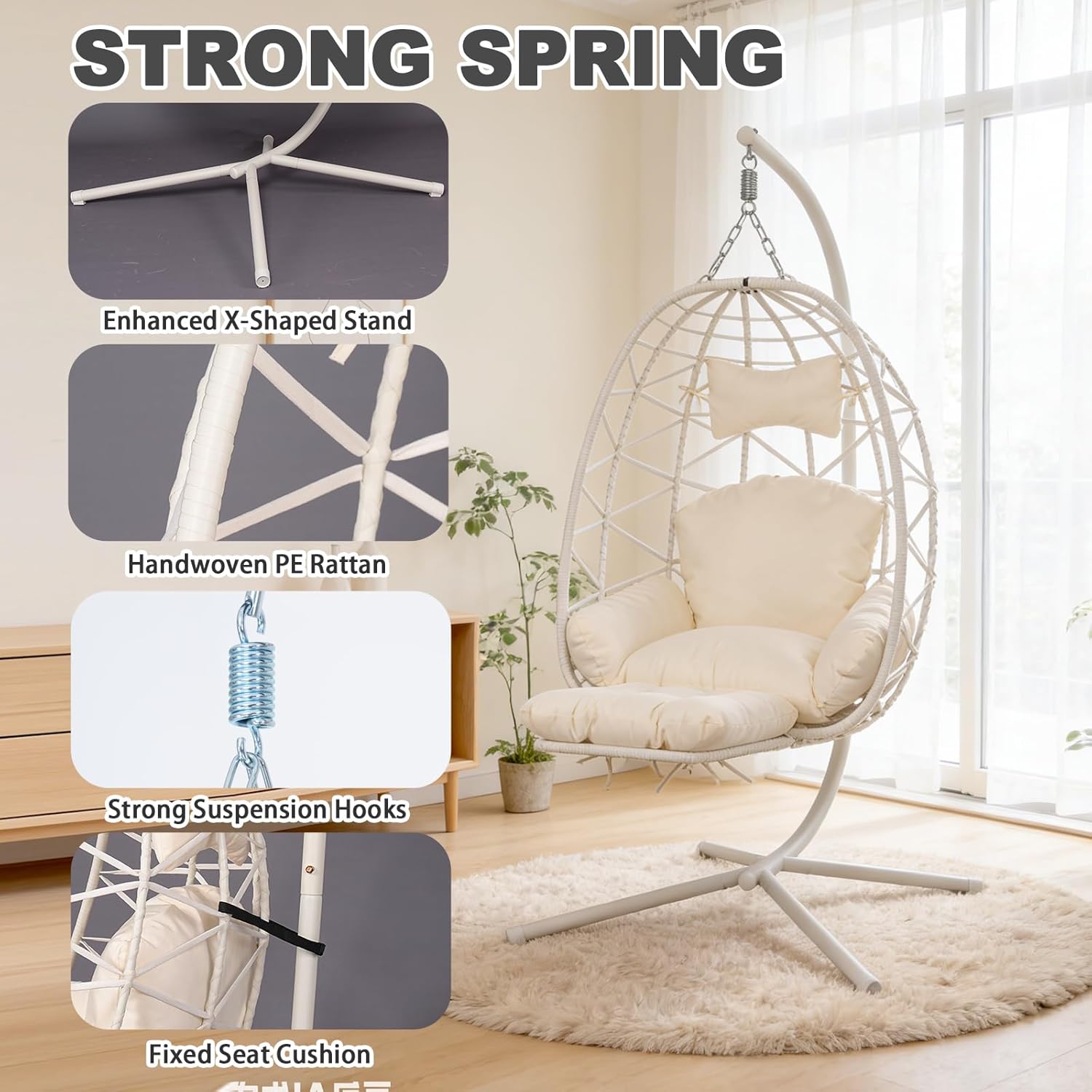 Hanging Egg Chair with Footrest & Stand, Wicker Rattan Swing Hammock Chair with Cushion & Double Chains, 350LBS Capacity for Outdoor & Indoor Patio, Deck, Bedroom, Balcony (White-White)