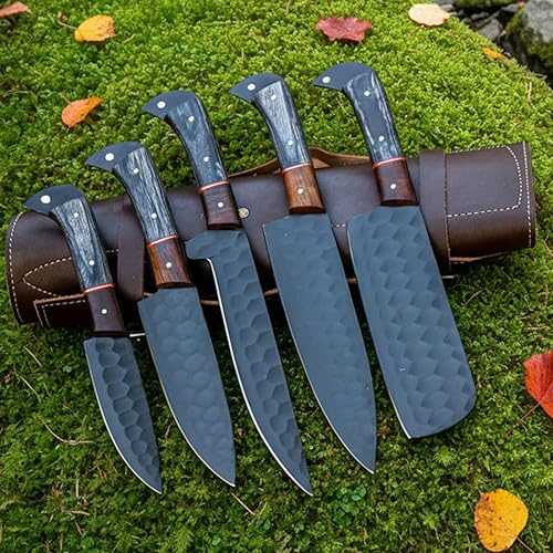 9867 - Juego de cuchillos de cocina de 4 piezas, acero de Damasco forjado hecho a mano, con bolsa de vaina, mango de espiga completa, 9867