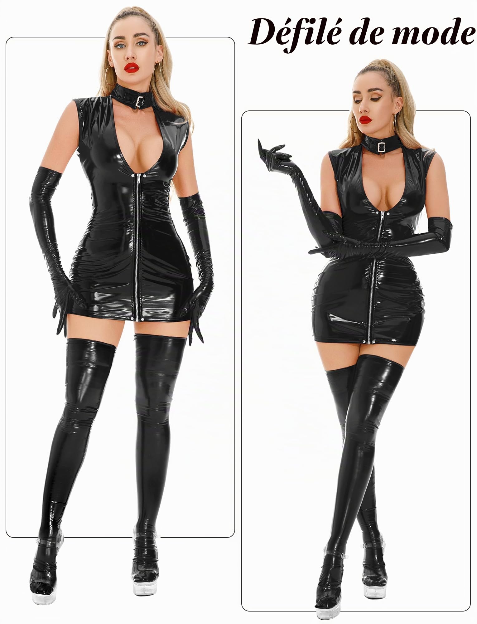 Maeau Lingerie en cuir pour femme – Combinaison effet mouillé – Body en cuir verni – Robe moulante pour boîte de nuit – Justaucorps à manches longues pour pole dance