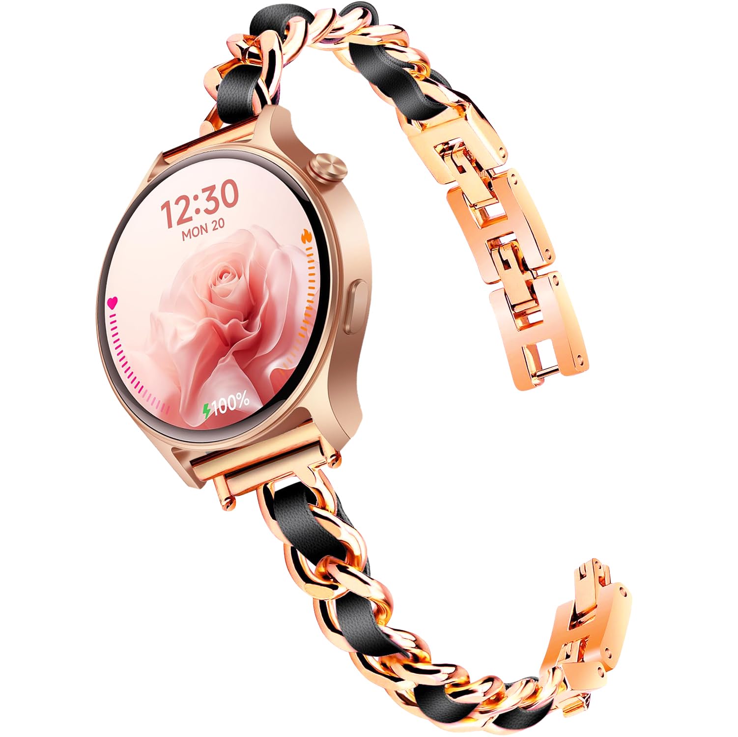 LYSANDRA Correa de pulsera de cadena de metal ajustable compatible con reloj inteligente Fitpolo AR-01, aeac AR-01, correa de pulsera de cadena de metal ajustable con cuero (oro rosa)