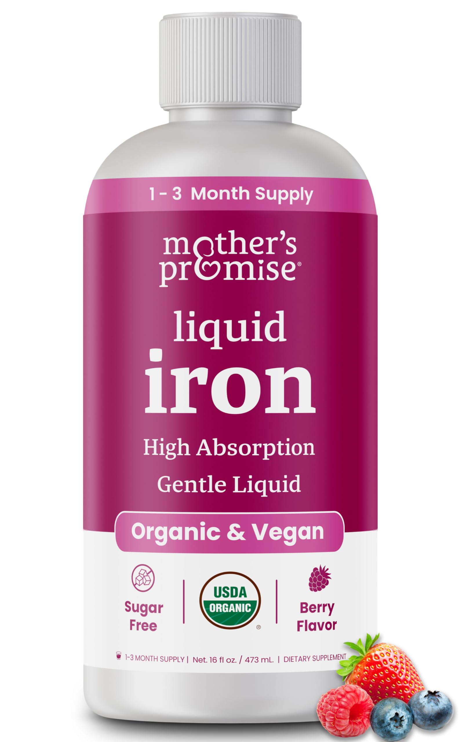 Organic Liquid Iron Supplement for Women, Men & Kids with Vitamin C | Sugar Free Natural Berry Flavor Non Constipating Vegan Ferrochel® Iron Supplements for Healthy Blood, Prenatal & PostnatalUSDA Organic