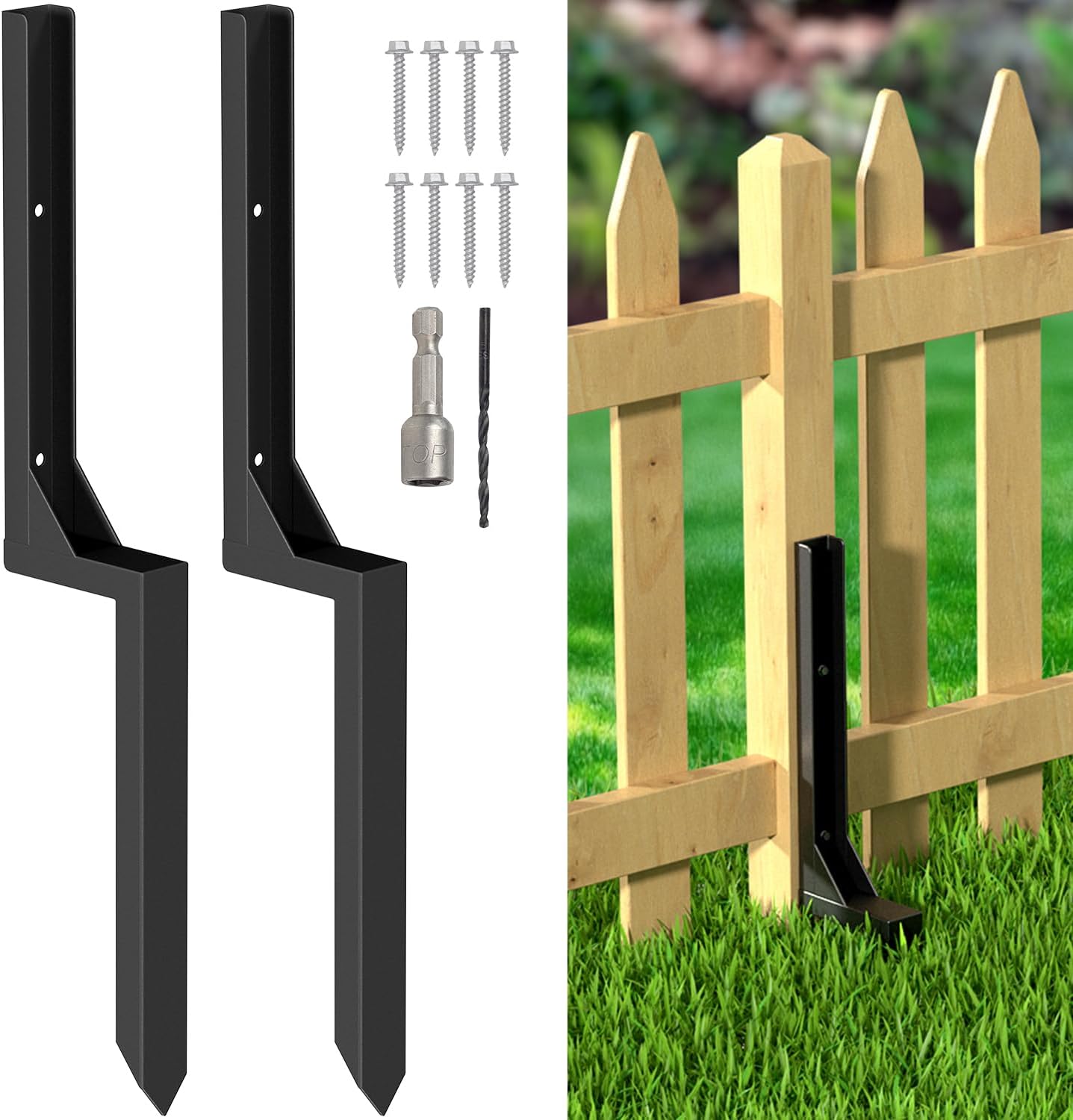 Fence Post Repair Kit, Heavy Duty Steel Fence Post Anchor Ground Spike for Repair Tilted, Broken Wood Fence Post (Black - Set 2)
