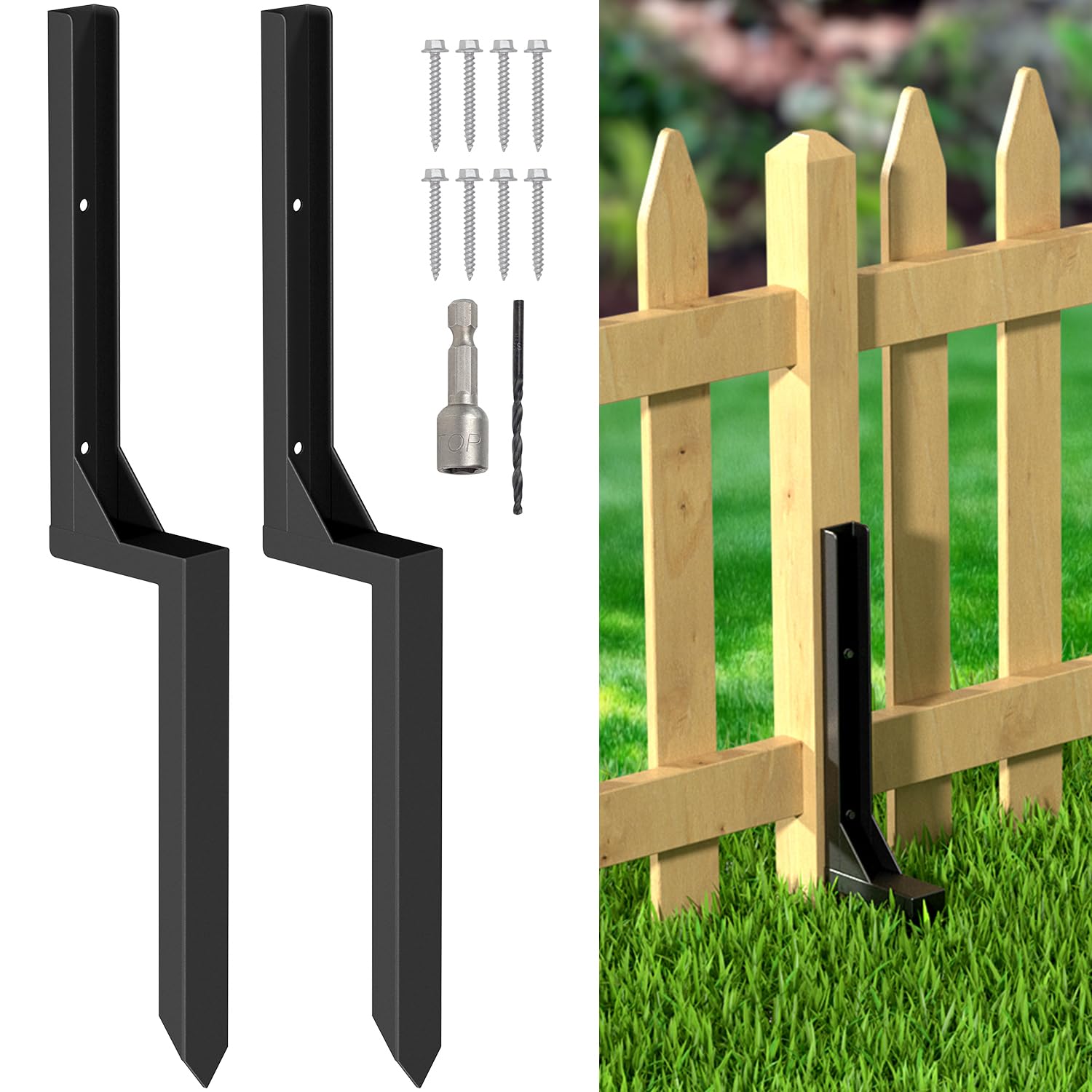 Fence Post Repair Kit, Heavy Duty Steel Fence Post Anchor Ground Spike for Repair Tilted, Broken Wood Fence Post (Black - Set 2)