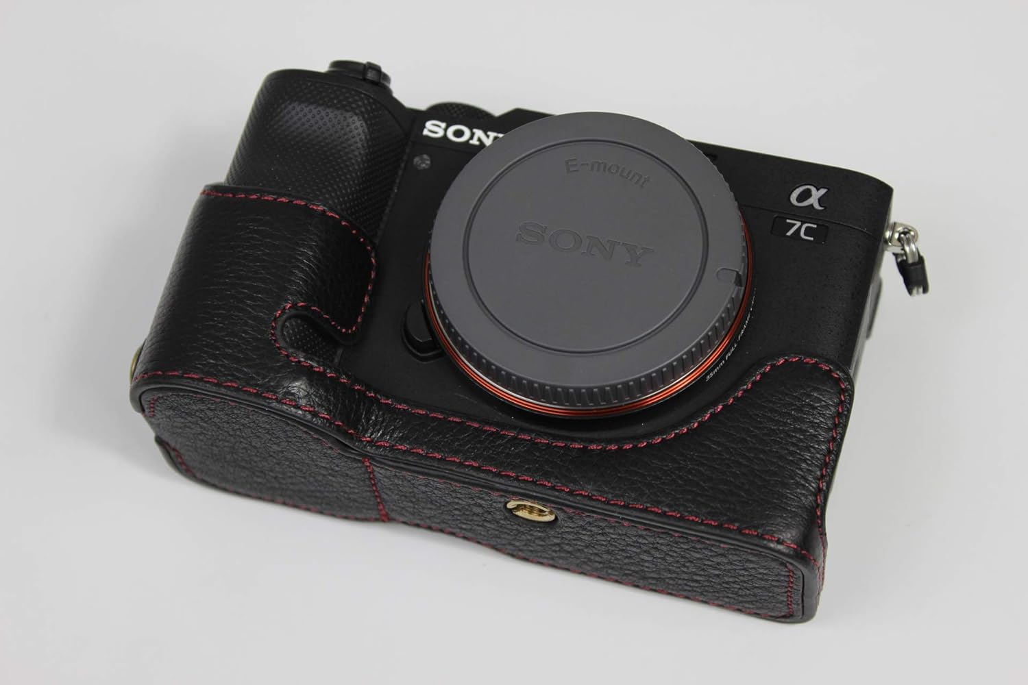 A7C Case, BolinUS Handmade Genuine Real Leather Half Camera Case Bag Cover for Sony Alpha A7C Bottom Opening Version + Hand Strap (Black)