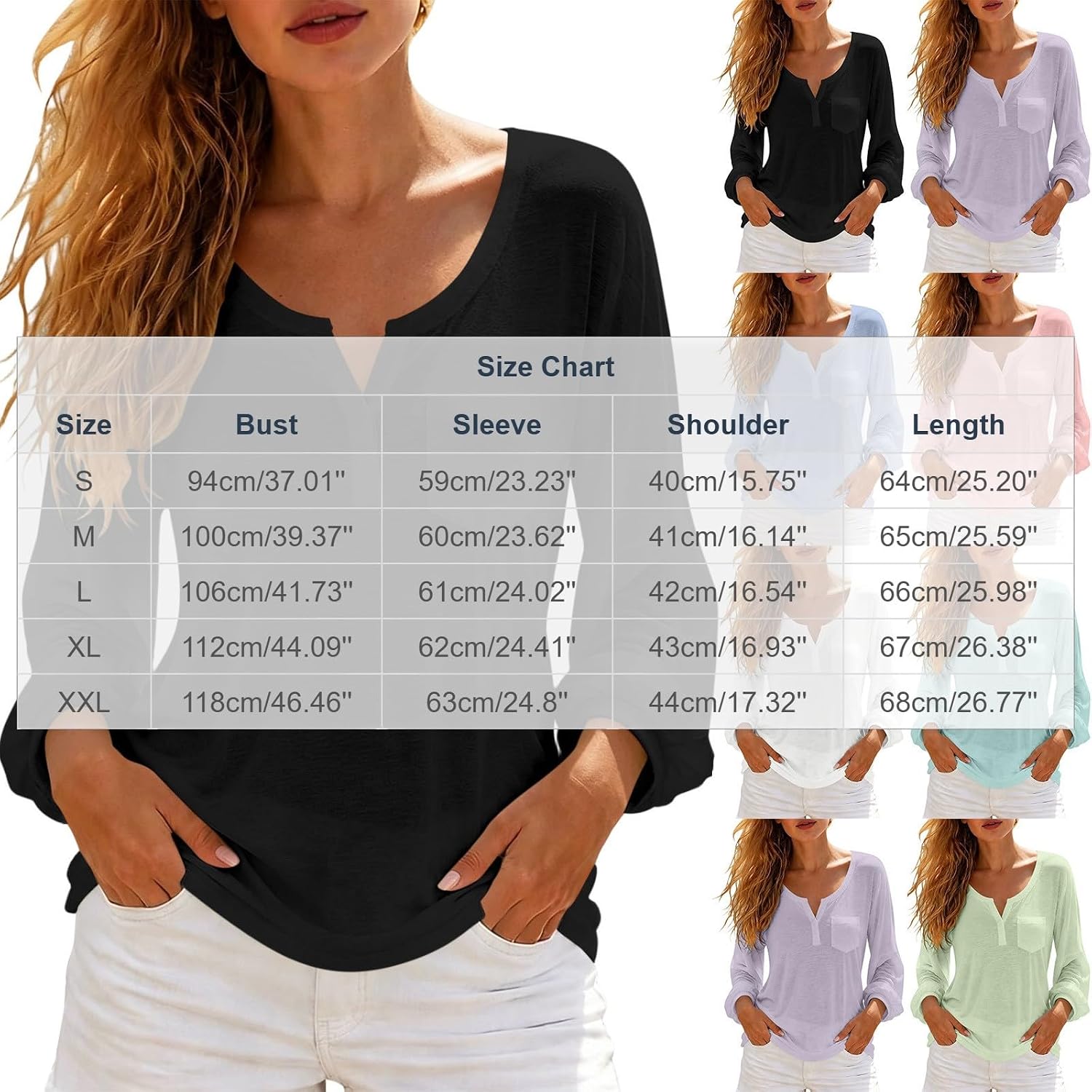 Pocket Henley Top for Women V Neck Long Sleeve Button Casual Blouse Shirt | Relaxed Fit Shirt with Chest Pocket Split Neckline Button Placket, Soft Breathable, Effortless Everyday, for Work Travel