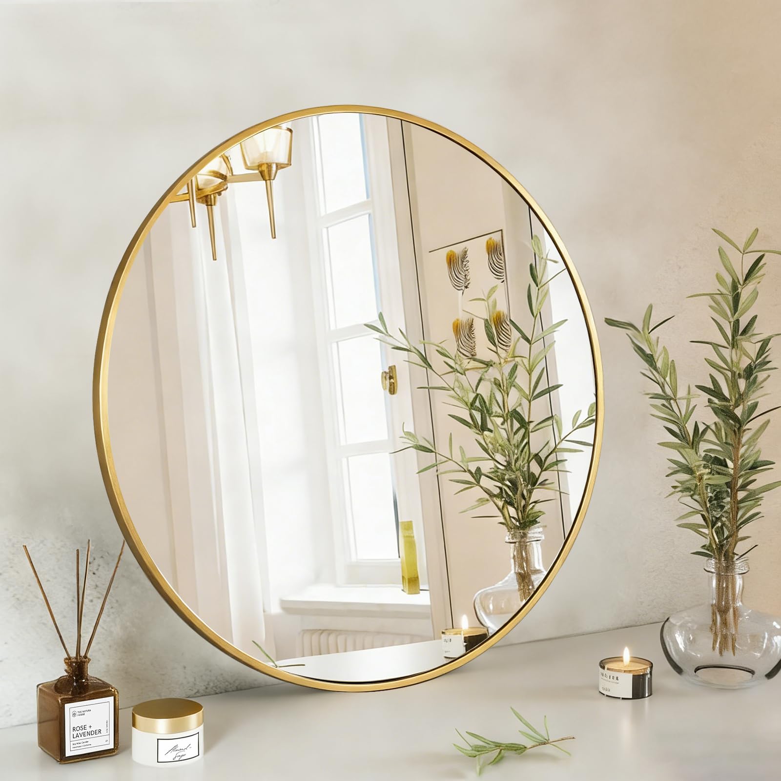 NEWBULIG 24 Inch Round Bathroom Mirror, Wall Mount Vanity Mirror