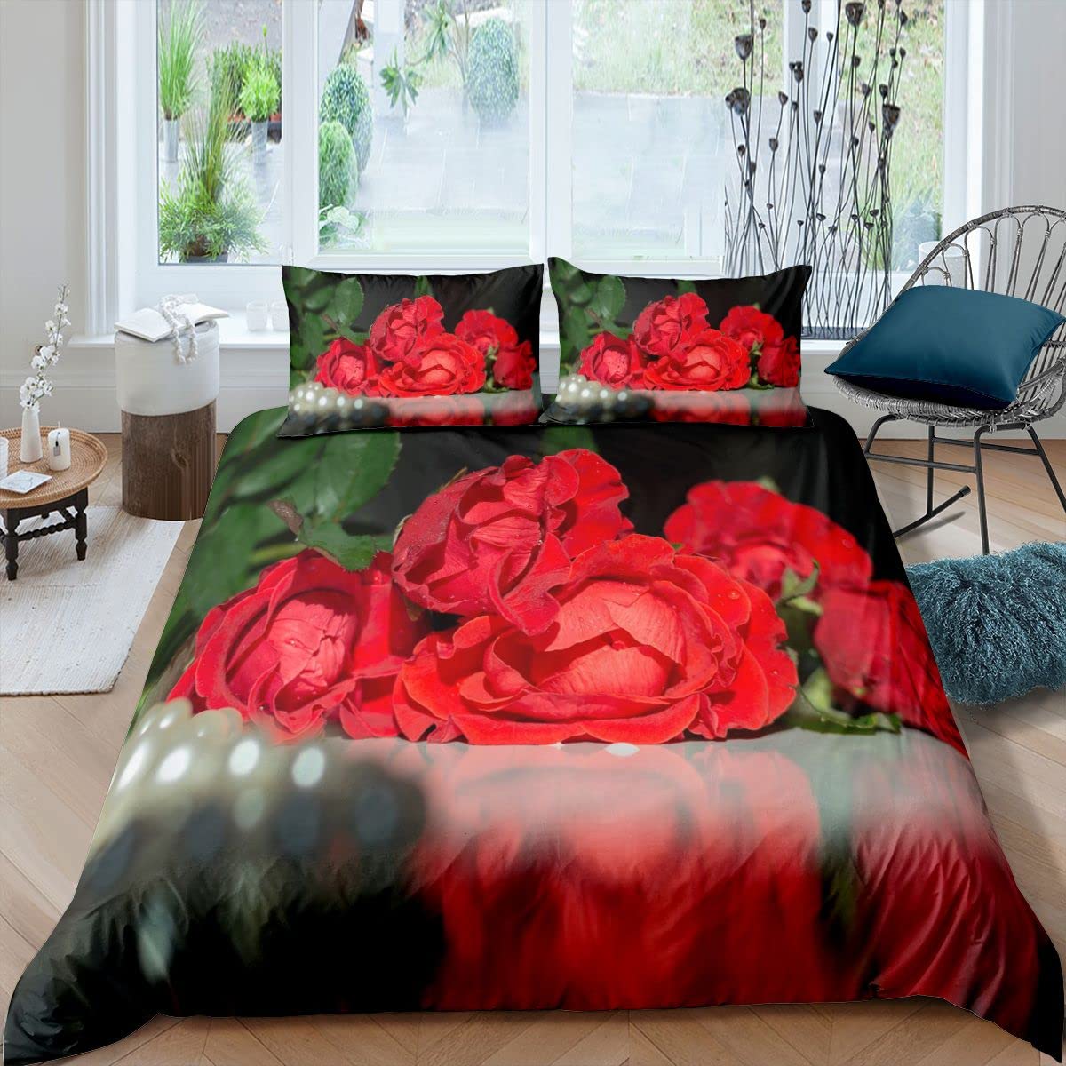 Loussiesd Rose Duvet Cover Set Romantic Floral Bedding Set for Kids Women Girls Botanical Floral Leaf Comforter Cover Soft Quilt Cover Double Size Boys — image 1