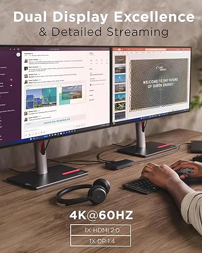 Vista 4 de Lenovo Base de viaje USB-C de doble pantalla, 7 puertos, cable USB-C integrado, compatibilidad universal, pantallas duales en 4K, color negro