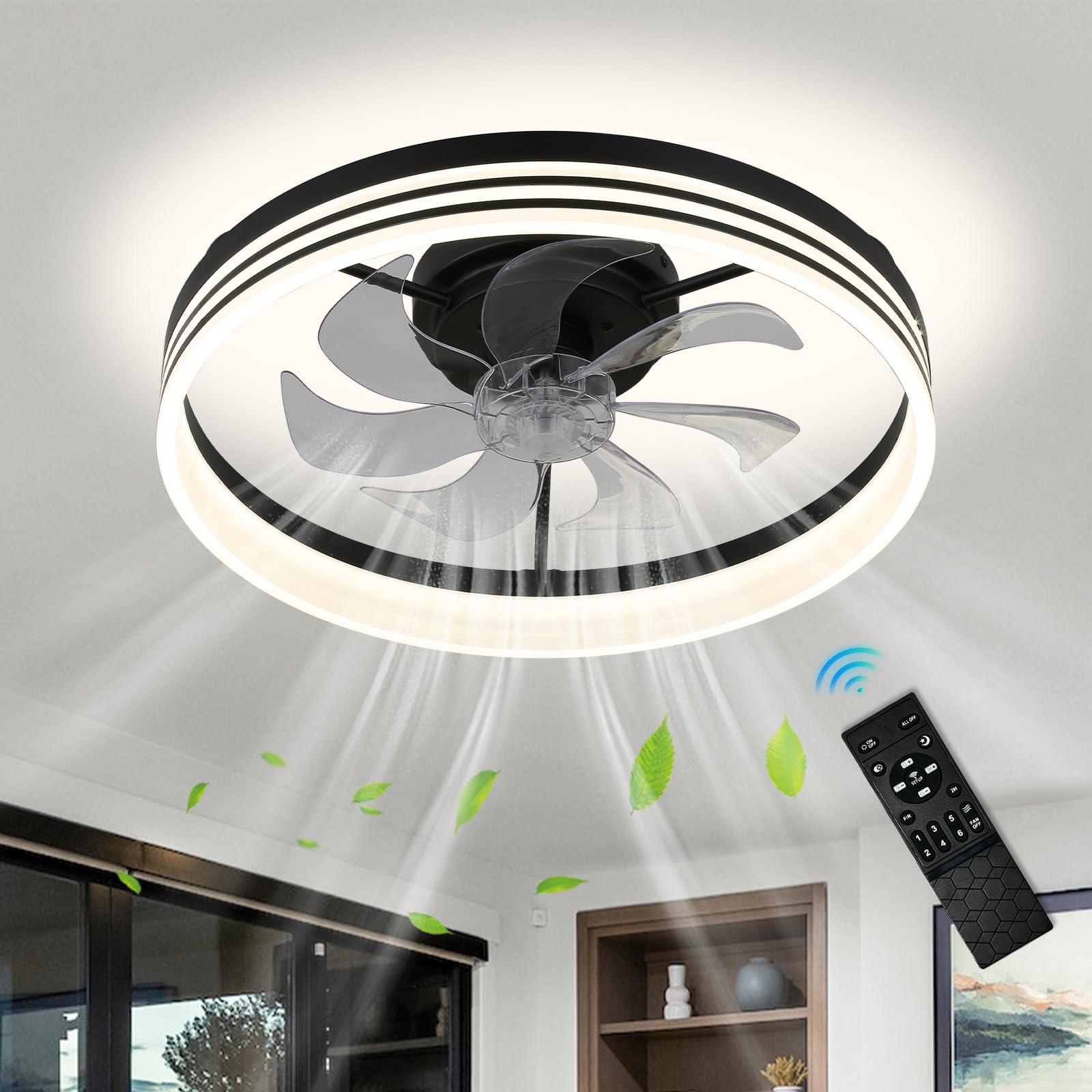 FRIXCHUR LED Ceiling Fan with Lights, Dimmable Black Chandelier 6 Speeds Modern Flush Mount Bedroom Fandelier for Living Room Kitchen