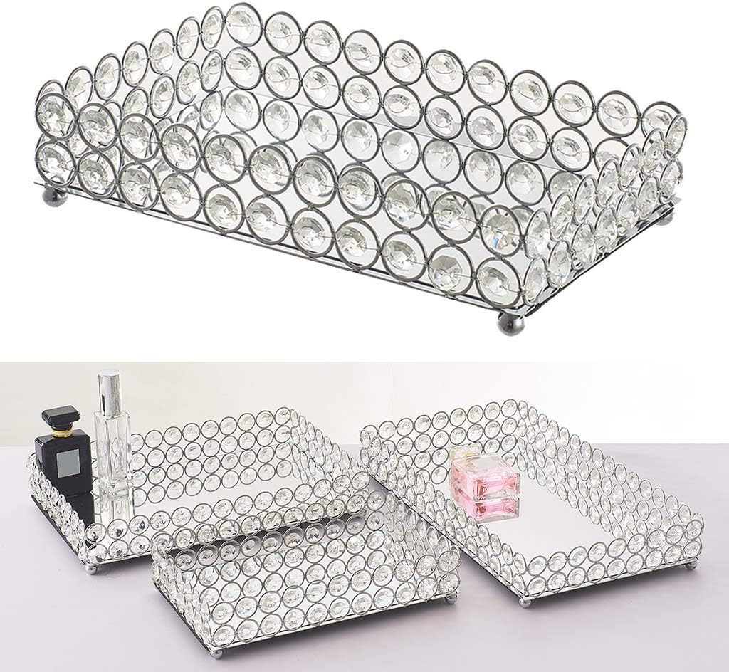 Crystal Jewelry Tray Mirrored Decorative Vanity Tray Makeup Jewelry Organizer Wedding Decoration (25x15x5cm)