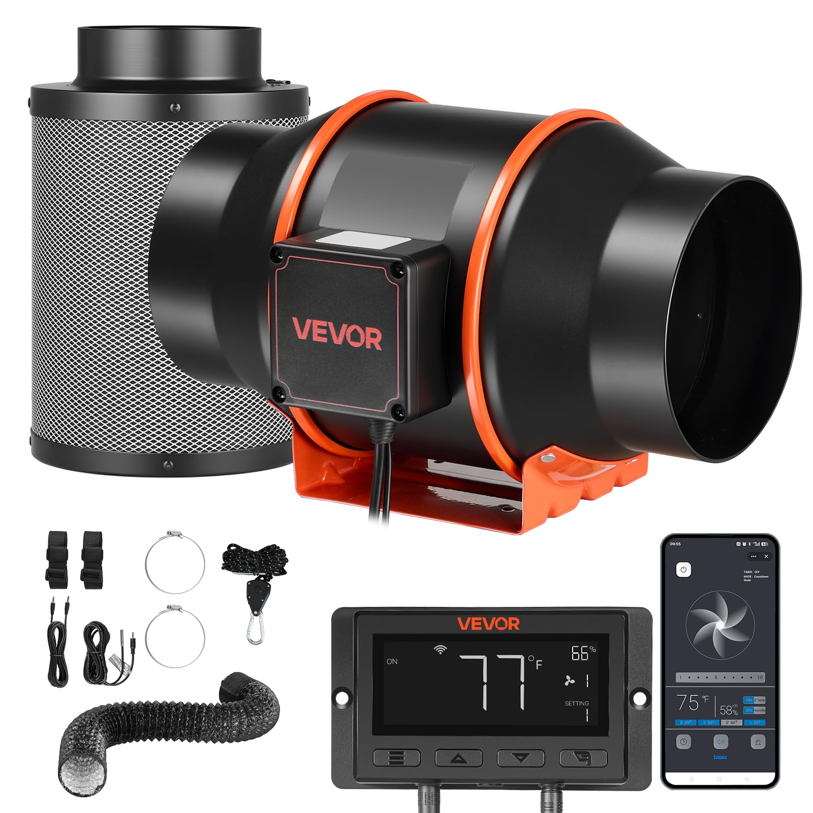 VEVOR Kit Ventilateur de Gaine à Flux Mixte avec Filtre à Charbon 683 m³/h, Extracteur d'air en Ligne 152,4 mm pour Tente de Culture, 10 Vitesses, Moteur EC, Contrôleur PWM, Contrôle App, Minuterie