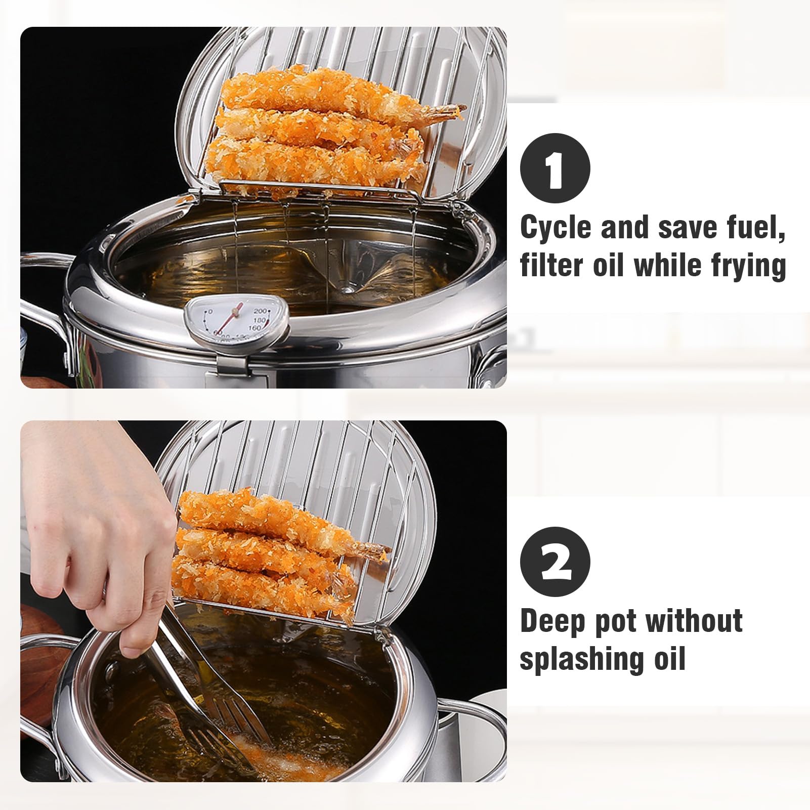 Pentola per friggere in acciaio inox, 2,2 l, con termometro e coperchio, per patatine fritte, ali di pollo e gamberetti