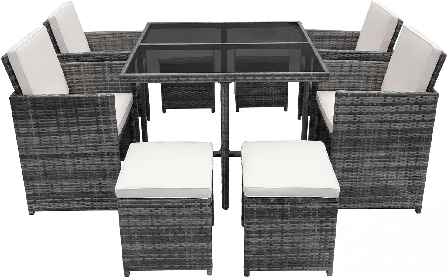 Panana 8 Seater Rattan Garden Dining Set with Table, 4 Chairs & 4 Stools, Cube Space Saving Outdoor Furniture for Patio, Conservatory & Garden