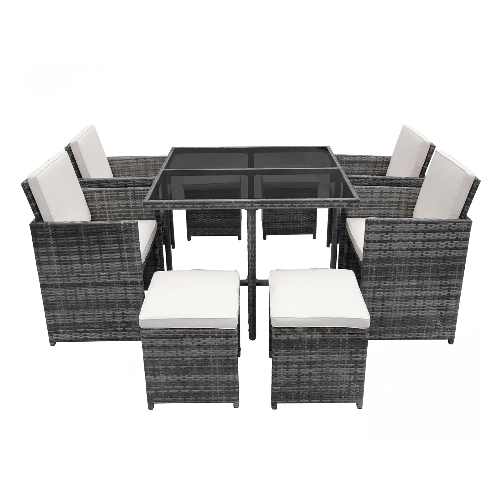 Panana 8 Seater Rattan Garden Dining Set with Table, 4 Chairs & 4 Stools, Cube Space Saving Outdoor Furniture for Patio, Conservatory & Garden