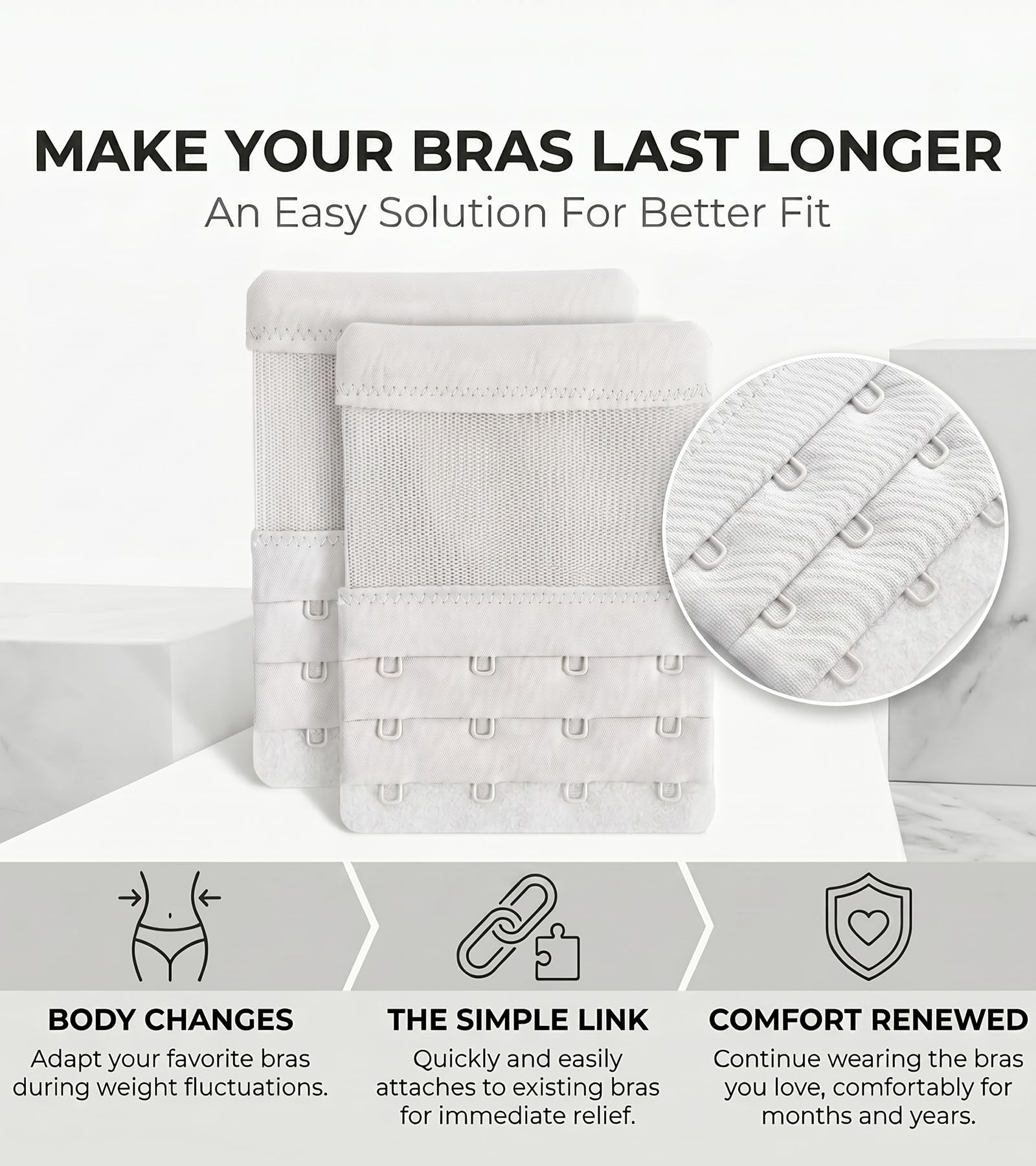 DClub Extensor de brasier con 2 ganchos, elástico, suave y cómodo, extensor de correa de brasier para mujeres en embarazo o aumento de peso., blanco, 3 PIECES