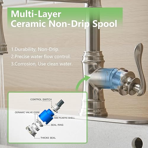 Miniatura 4 de Níquel cepillado, grifo de cocina extraíble de una sola manija con pulverizador, salida de 3 modos, latón sólido, placa de cubierta de orificio de