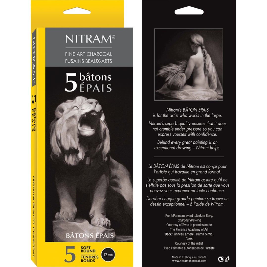 NitramBatons Epais - Extra Soft - B+ - Box of 5 Extra Soft Natural Charcoal Sticks - Round - 12 mm Diameter x 15 cm