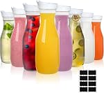 Lawei 8 Pack 34 Oz Plastic Water Carafe, 1 Liter Clear Beverage Carafe with Flip Top Lid, Narrow Neck Drink Container Pitcher for Juice, Water, Ice Tea, Milk, Lemonade and Mimosa Bar