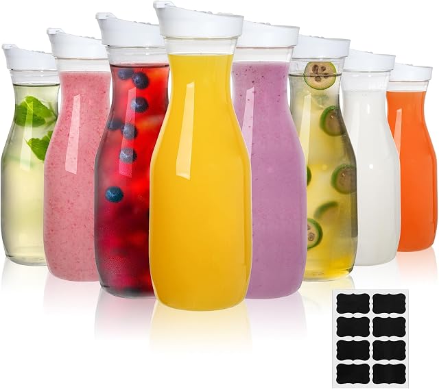 Lawei 8 Pack 34 Oz Plastic Water Carafe, 1 Liter Clear Beverage Carafe with Flip Top Lid, Narrow Neck Drink Container Pitcher for Juice, Water, Ice Tea, Milk, Lemonade and Mimosa Bar