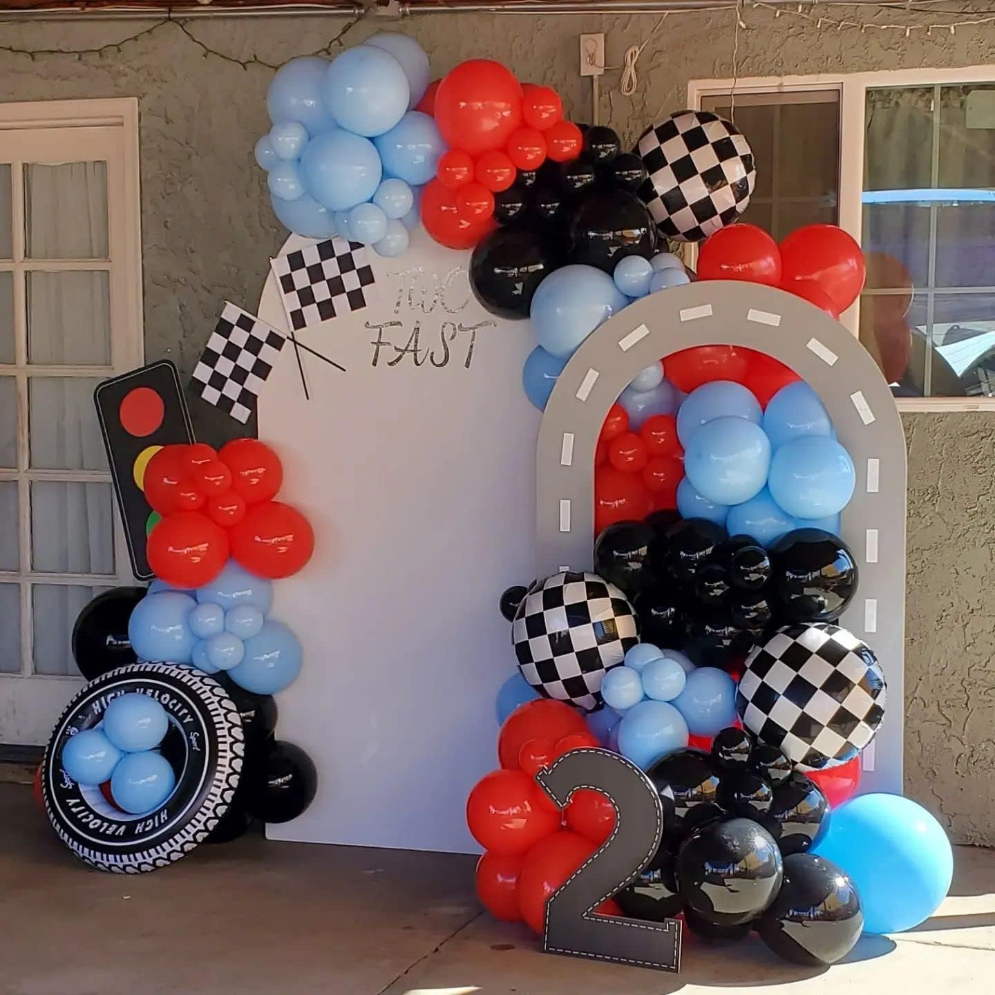 Race Car Balloons Arch Garland Kit,151pcs Red Blue Latex and Checkered Wheel Tire Balloons for Racing Car Two Fast Birthday Party Decorations - Image 4