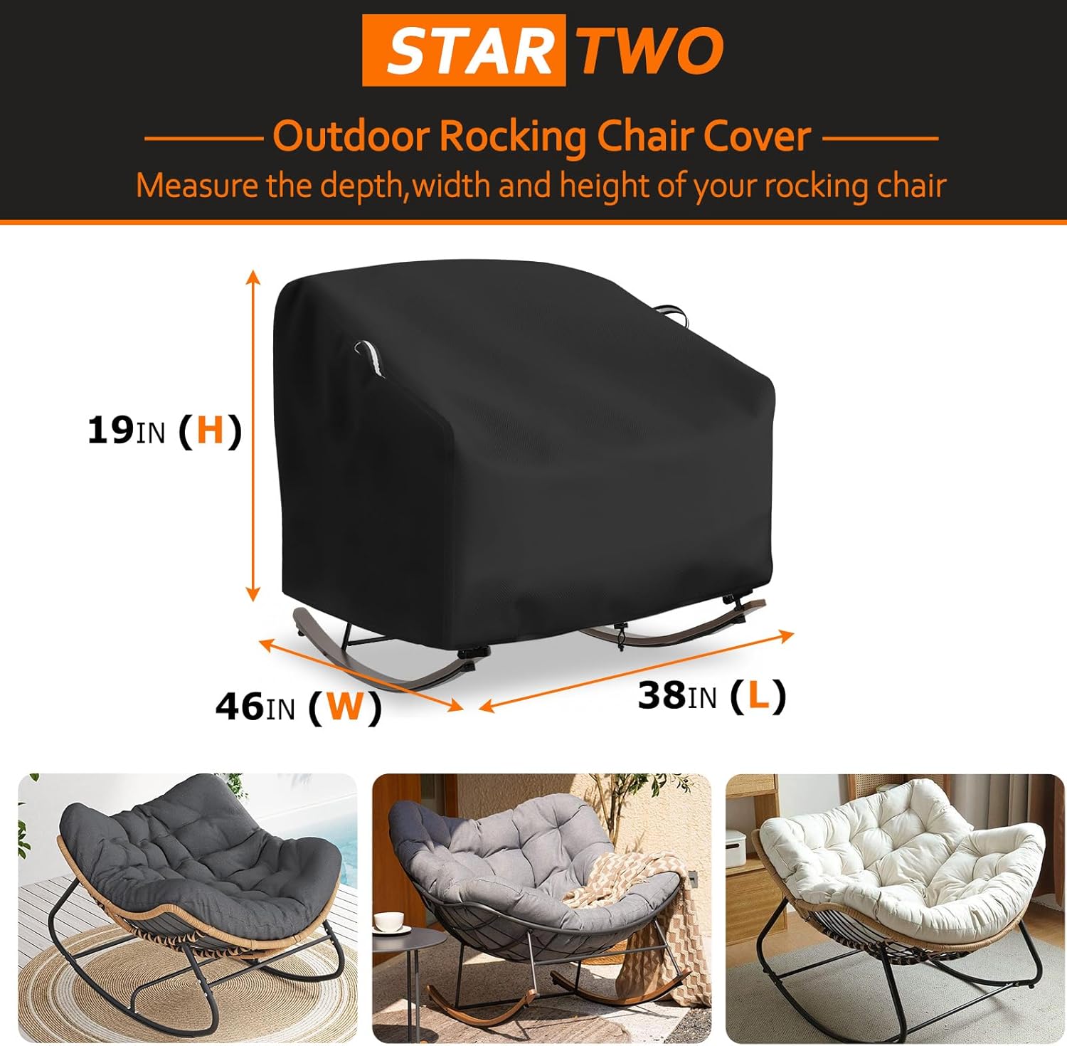 STARTWO Outdoor Papasan Rocking Chair Cover, Patio Furniture Covers Waterproof adapter for Egg Rocking Chairs and Rattan Wicker Lounge Chairs, 38"L x 46"W x 19"H, Black