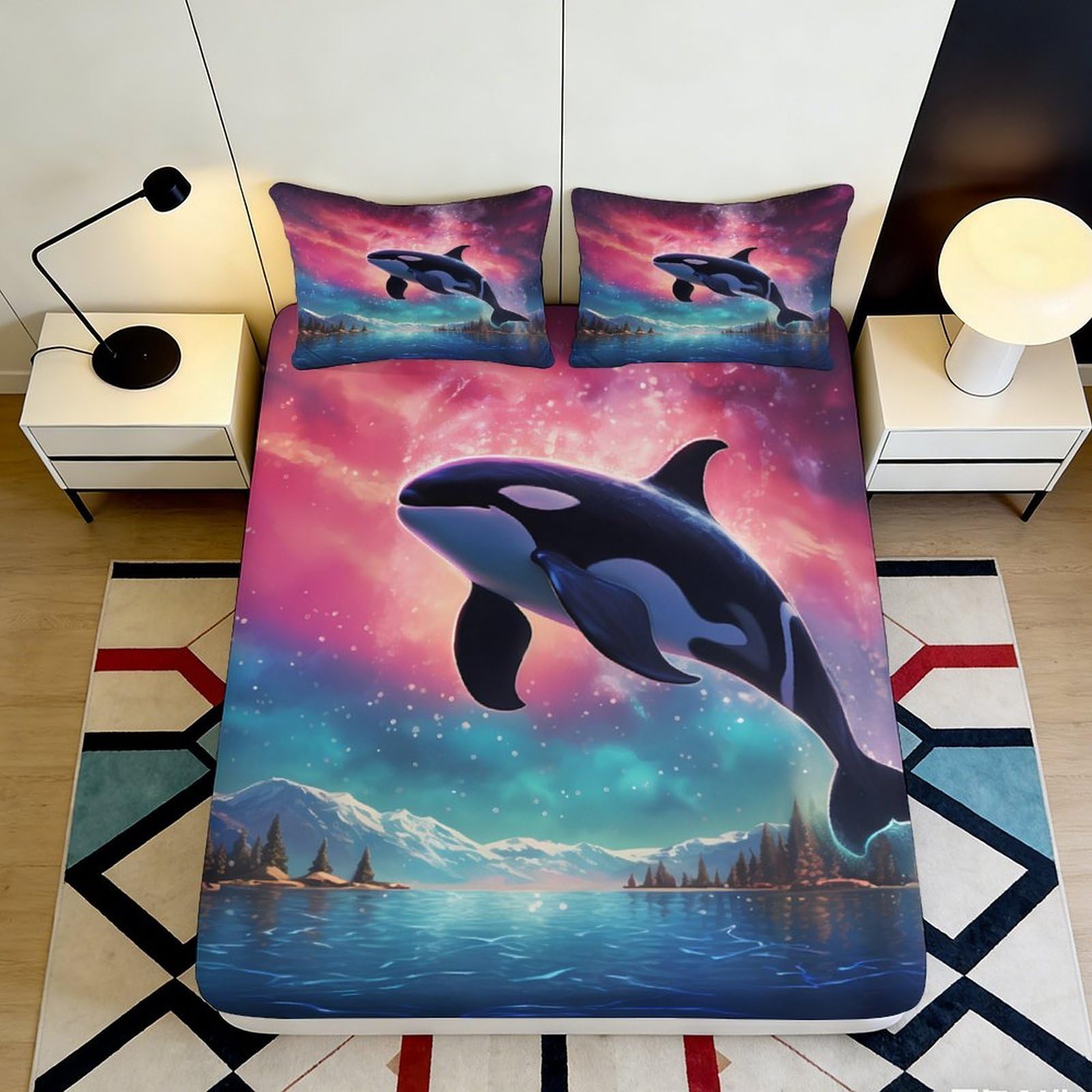 3D Printed Ocean Sunset Fitted Sheet Microfiber Slip-Resistant Whale Dream Mattress Cover for Bedroom Decor 90x200x25cm