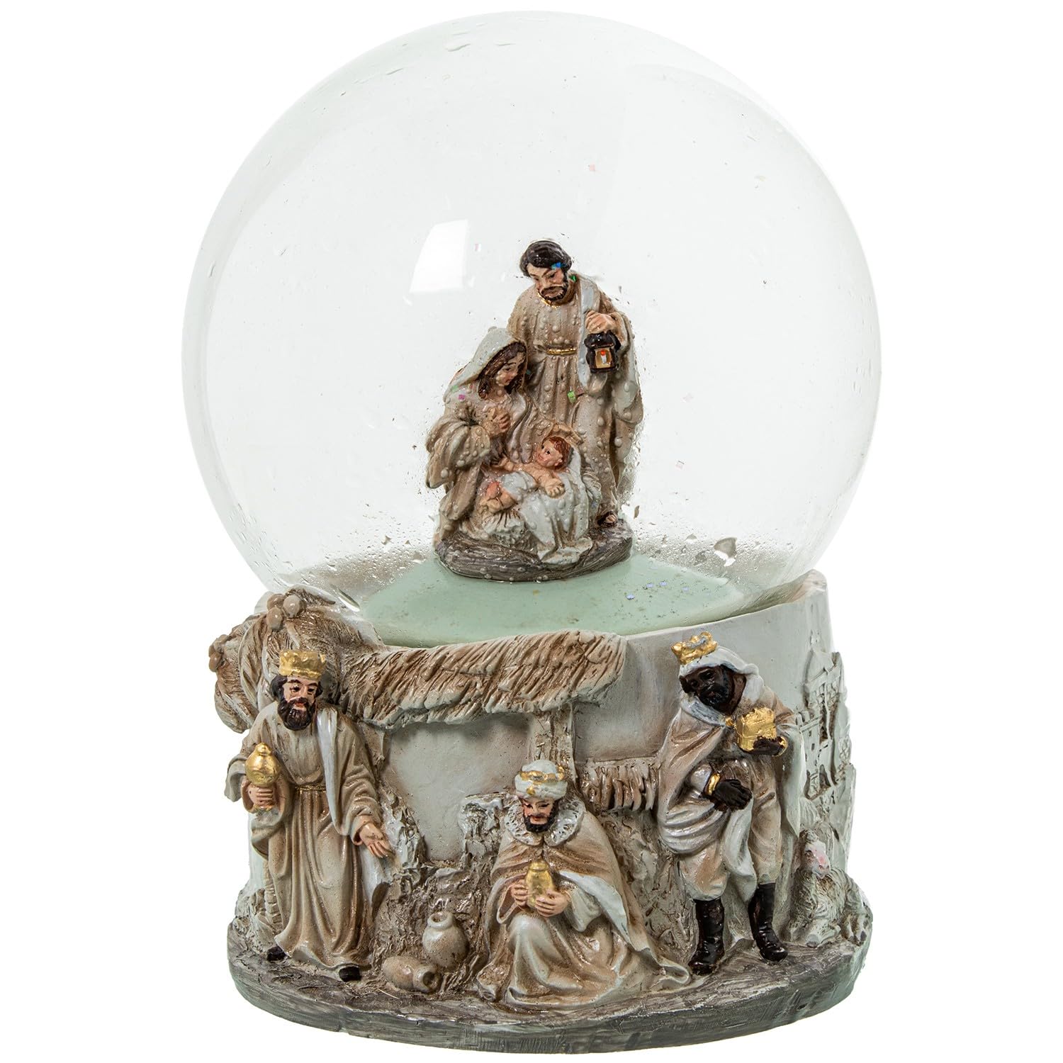 Figura de una Bola de Nieve con la Sagrada Familia en Tonos Naturales y Dorado 5x13x10 cm
