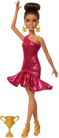 Barbie® Salon Dansçısı ve Aksesuarlar | Kırmızı Fırfırlı Elbise ve Dans Kupası Aksesuarlı Kahverengi Moda Bebek, 3 Yaş ve Üzeri, JFR09