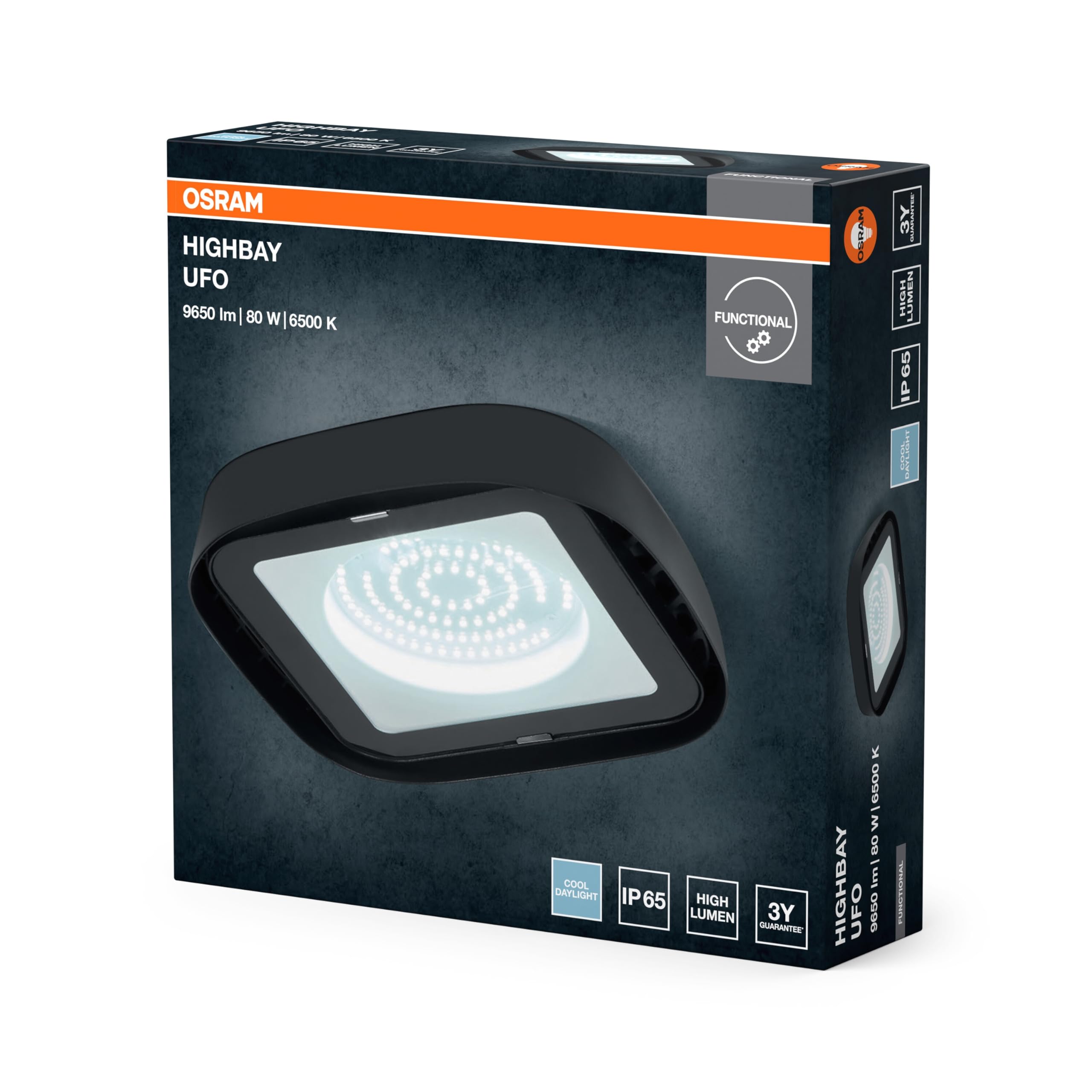 OSRAM Ampoule Highbay Ufo, noir, 80 W / 9300 lm, blanc lumière du jour 865, 6500 K, indice IP65, protection contre les jets d’eau et contre la pénétration de poussière (étanche à la poussière).