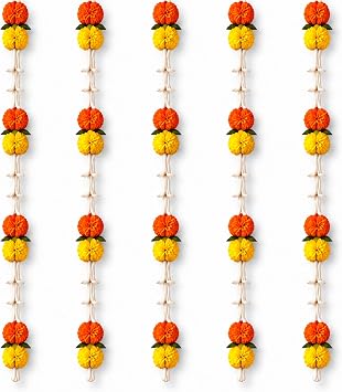 LoveNspire Set of 5 Artificial Marigold & Tuberose Flower Garlands 5 Ft Indian Floral Wall Hanging for Wedding, Diwali Festival, Indoor & Outdoor Home Decor
