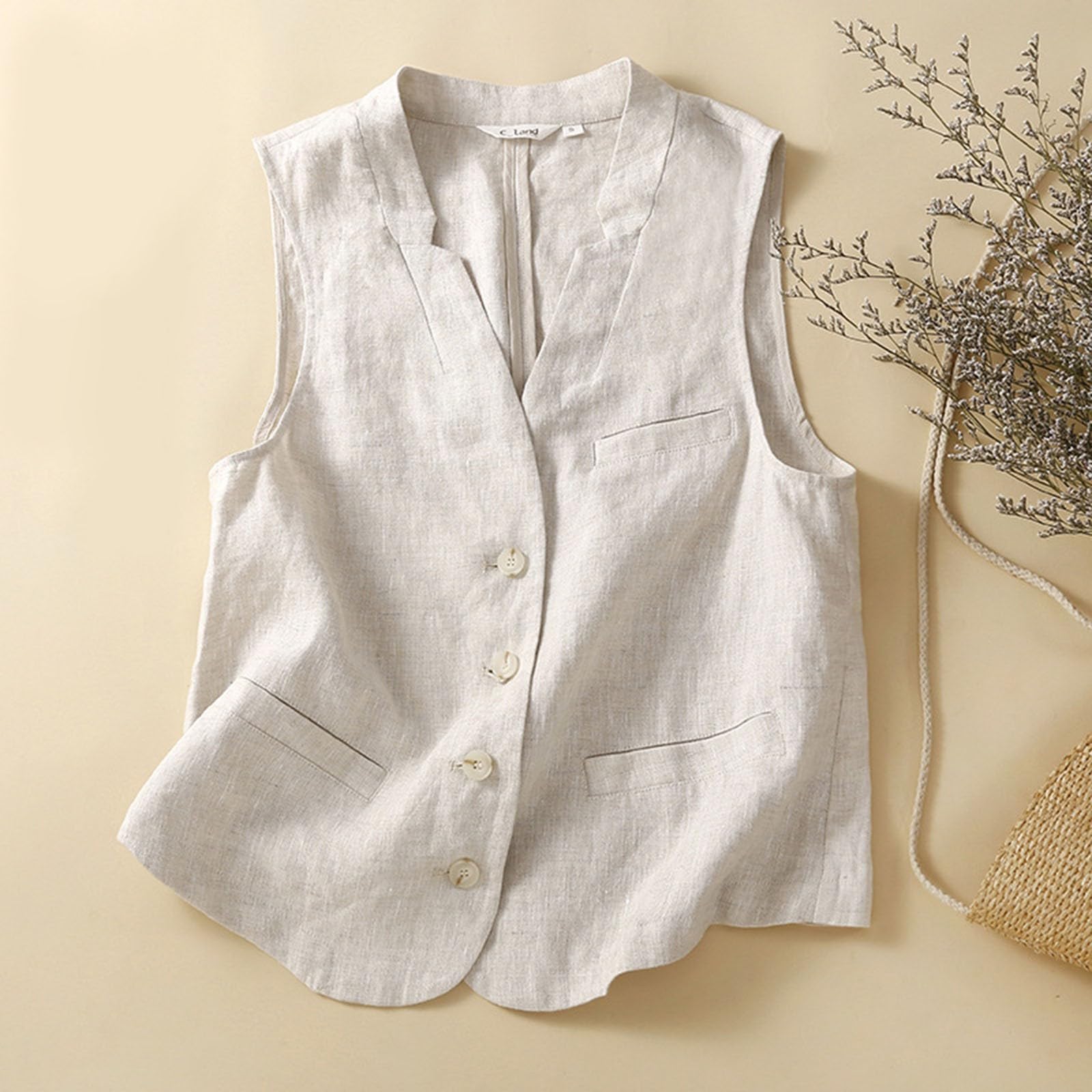 Chaleco de lino y algodón para mujer cuello en V cárdigan exterior casual