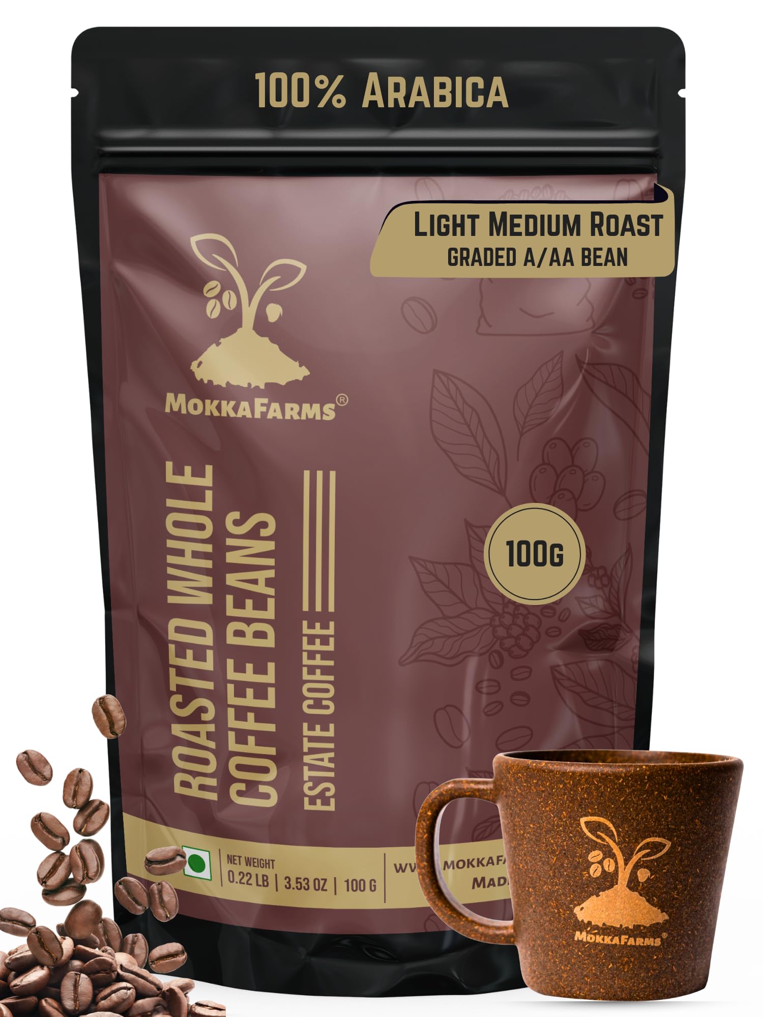 Premium Roasted Coffee Beans 100g | 100% Arabica | Light-Medium Roast | Fresh Estate Coffee | Graded A/AA Whole Beans | Strong Flavor & Aroma | Farm to Fork Quality | Resealable Zip Lock Bag