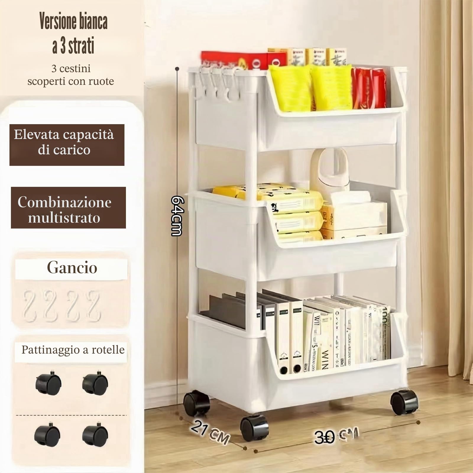 Carrello portaoggetti in plastica con cassetto a 3 ripiani, multifunzione, per cucina, bagno, organizer mobile con ruote