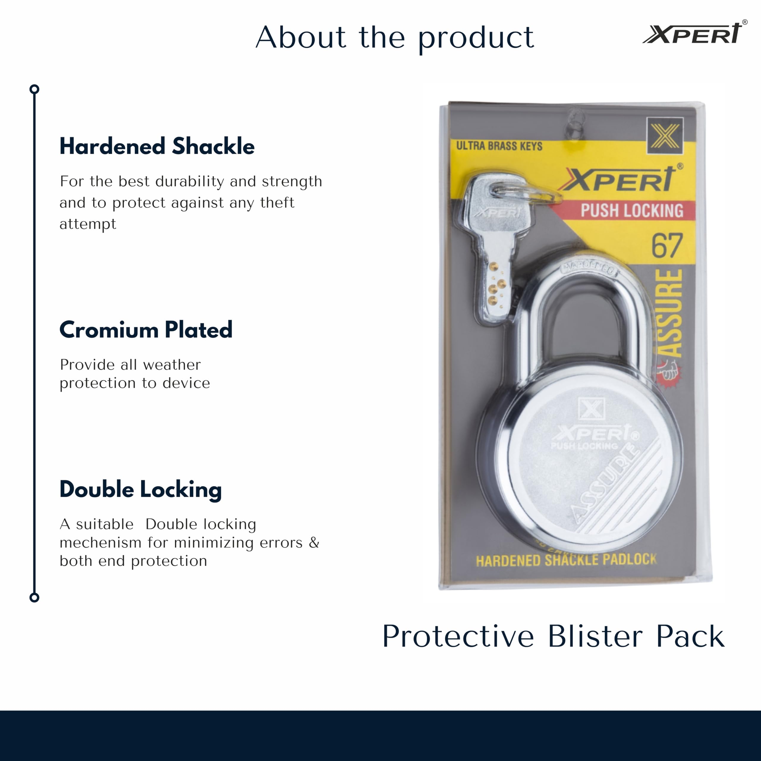 Xpert Assure 67MM (Medium Size) Padlock, Pack of 1. Made of Stainless Steel, Locks for Home, Padlocks for Home Door. Tala Lock and Key. 1