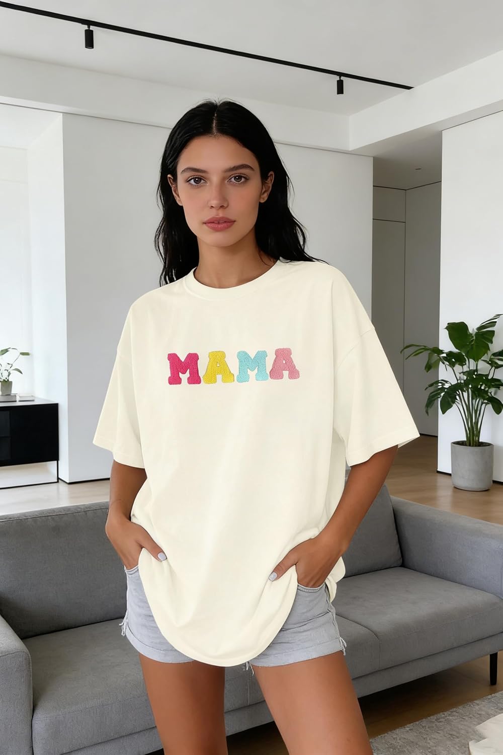Mama Shirt Women Mama Chenille Lettering Shirts Mom Gifts Oversized T-Shirts Trendy Mom Casual Tee Tops - Image 5