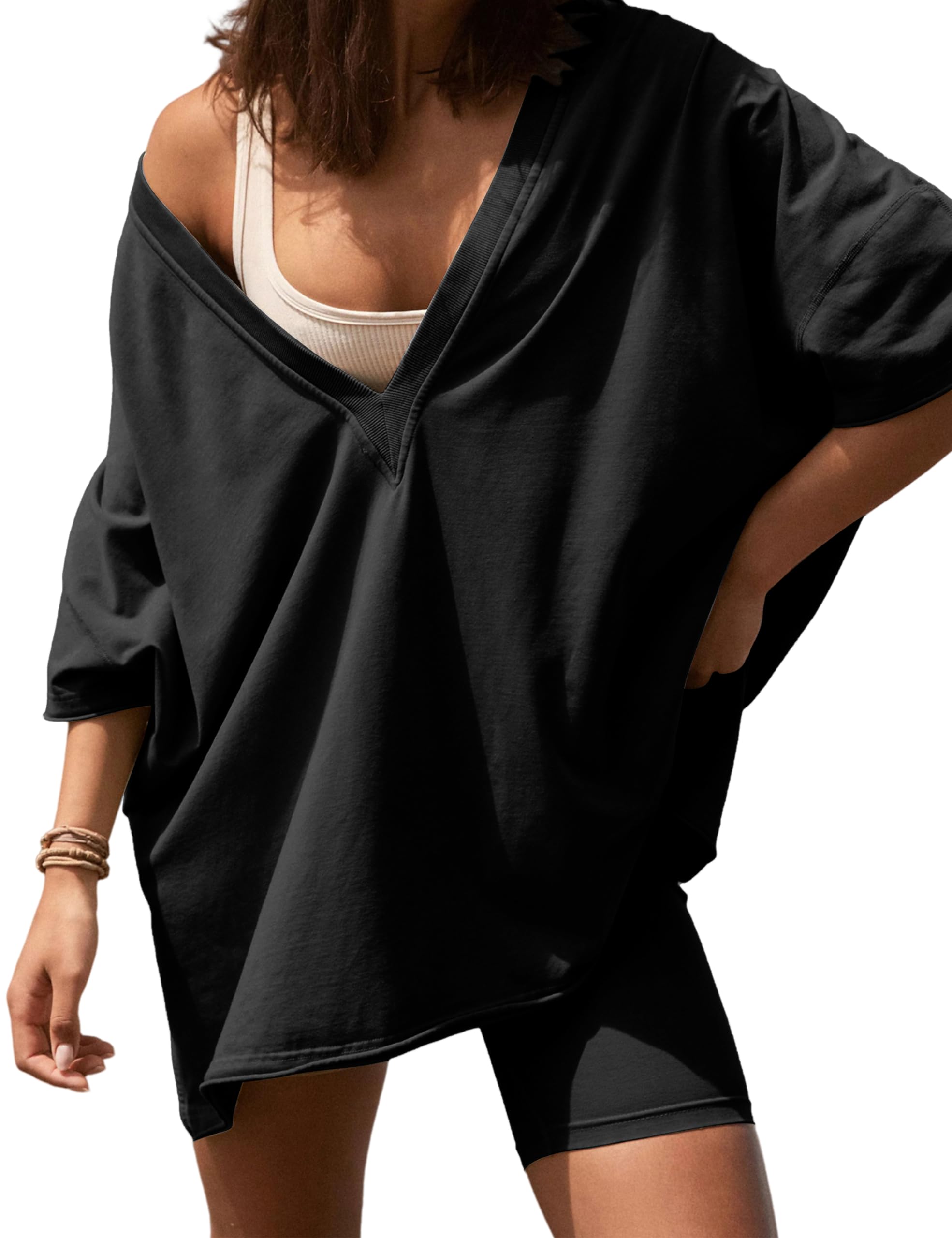 2 Two Piece Outfits for Women Summer Oversized Workout V Neck T Shirts Biker Shorts Matching Sets