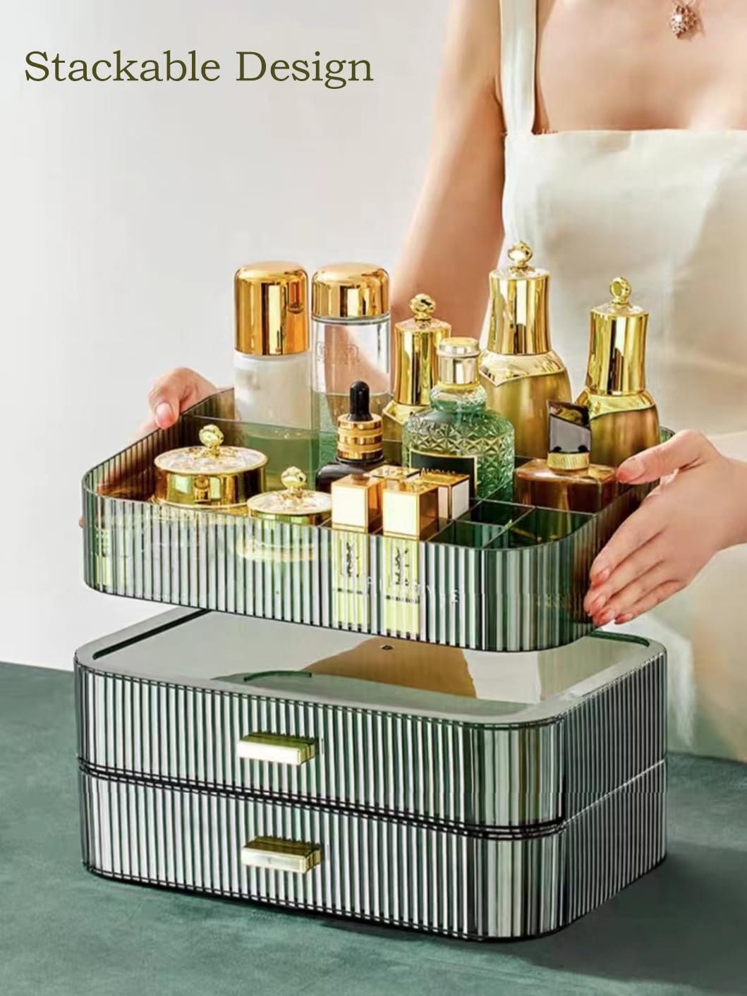 Make-up-Organizer mit stapelbaren Schubladen, Badezimmer-Organizer und Aufbewahrung, ideal für Schreibtisch und Kommode, ideal für Kosmetika, Hautpflege, Lippenstifte, Nagelpflege, Grün