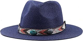 YEAMKE Men's Outdoor Travel Shade Sunscreen Large Brim Straw hat Men's and Women's Hats, Navy Blue, M56-58cm
