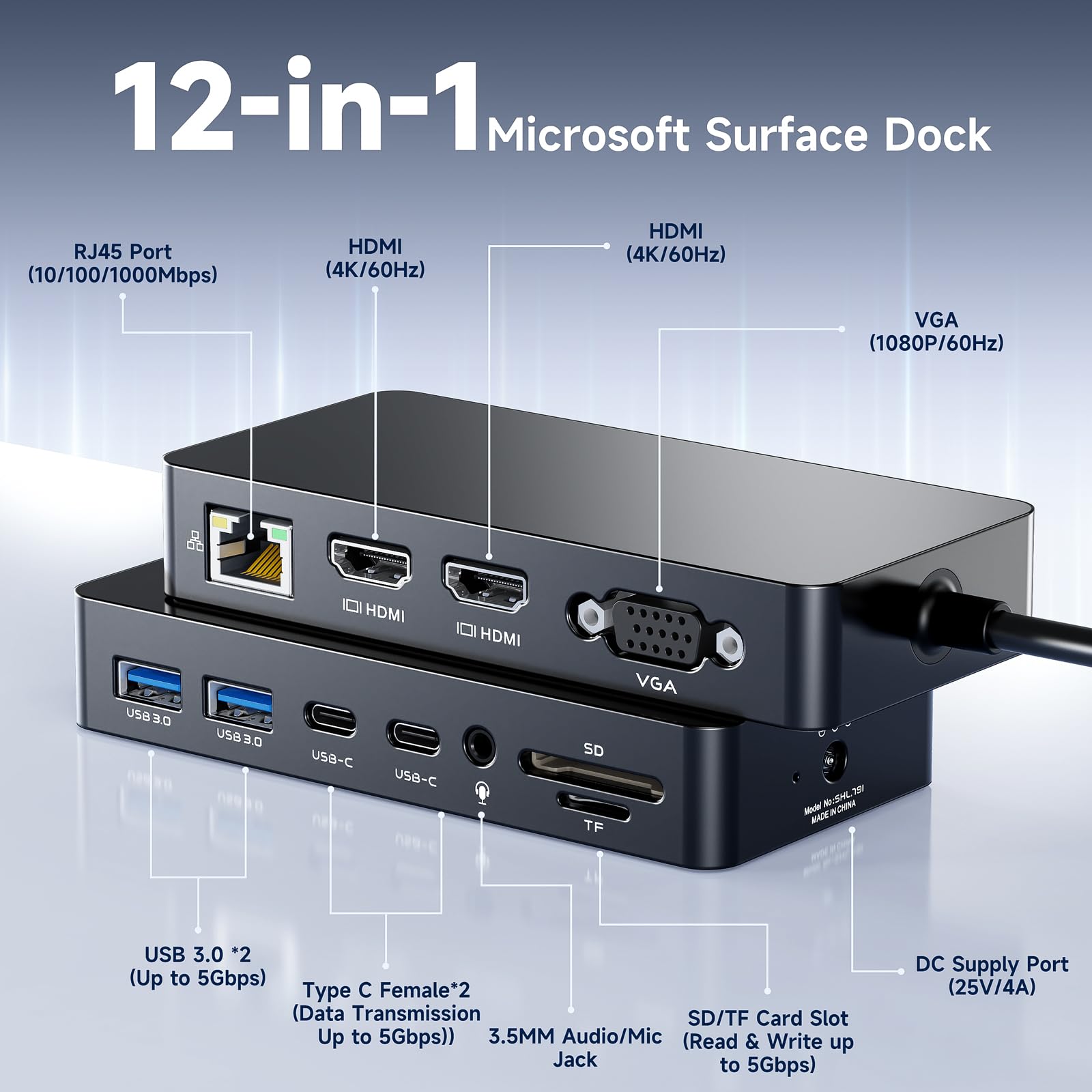 Microsoft Surface Thunderbolt 4 Dock mit 100W Schnellladung– 12-in-1 Surface Dockingstation für 3 Monitore (Dual 4K HDMI + VGA),5Gbps USB-C & Gigabit Ethernet–für Surface Pro 11/10/9/8/7,Laptop,Studio
