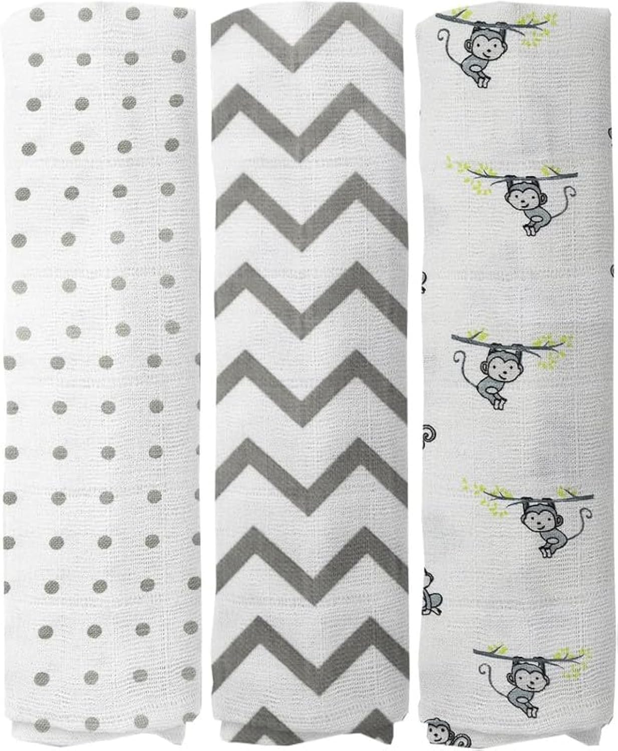 Muslin Baby Swaddle Set, Printed Muslin Swaddle Wrap for New Born Baby Pack of 3 Baby Bath Towel 120 cm X 120 cm - Grey Polka, Zigzag & Monkey-image-29