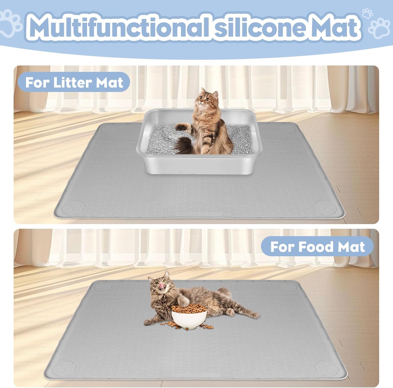 Cat Litter Mat, Extra Large 40" x 28" Silicone Mat Litter Trapping Mat for Scatter Control, Soft on Kitty Paws, Easy to Clean (Gray)