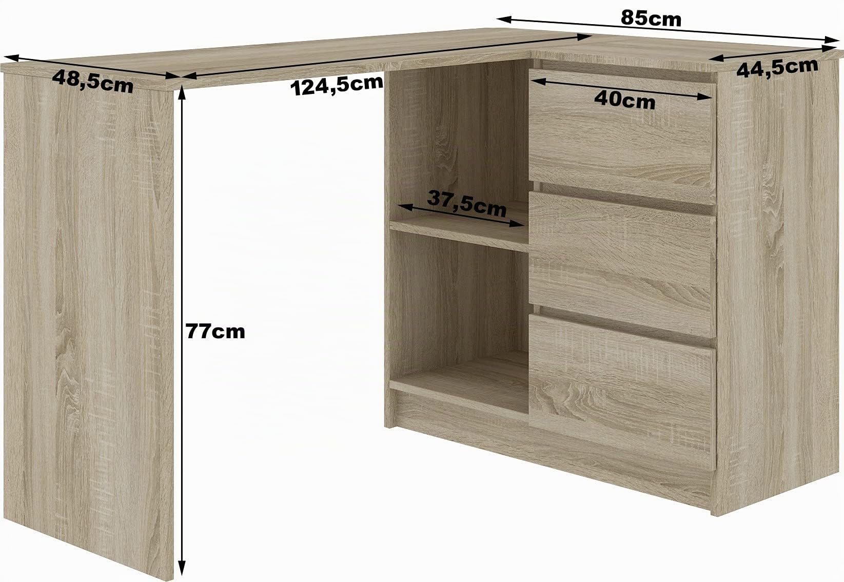 Escritorio esquinero AKORD B16 Roble Sonoma 124 cm con lado derecho 3 cajones frente en color Blanco 2 estantes 124x85x77 cm