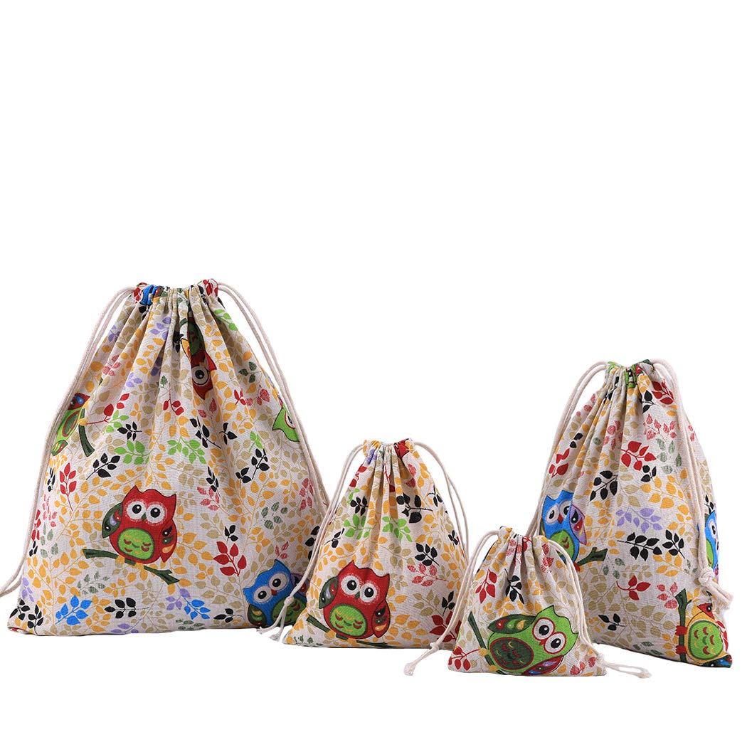 Amoyie Owl U Cotton Drawstring Bag 4Pcs, Kids Storage Bag, Fabric Organiser Pouch