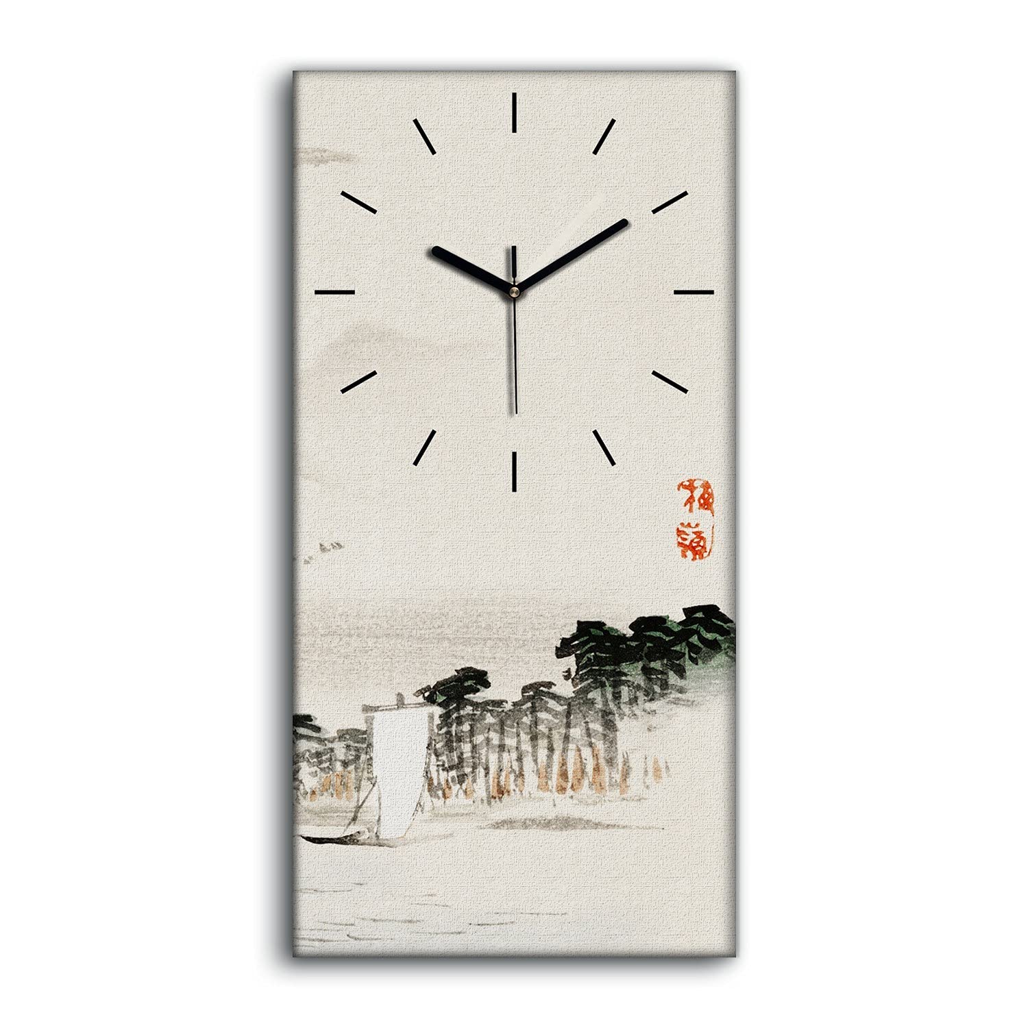 Horloge sur Toile 30x60cm Coloray avec Paysage Asiatique et Mains Noires Silencieuses
