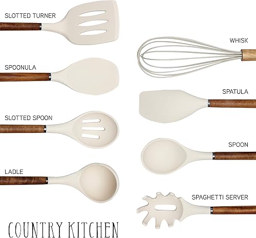 Miniatura 2 de Country Kitchen Juego de utensilios de silicona antiadherente con asas redondeadas de madera para cocinar y hornear, juego de 8 piezas, caqui