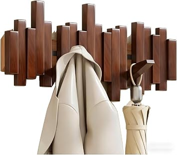 Piano Coat Rack Wall Mount, Wooden Magnetic Wall Hooks with Flip-Down Design, 50lbs Load Capacity Space-Saving Key Holder for Entryway, Bedroom, Hallway - Splicable Wall Art Decor walnut, 6Hooks