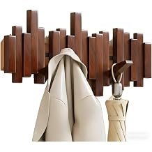 Piano Coat Rack Wall Mount, Wooden Magnetic Wall Hooks with Flip-Down Design, 50lbs Load Capacity Space-Saving Key Holder for Entryway, Bedroom, Hallway - Splicable Wall Art Decor walnut, 6Hooks