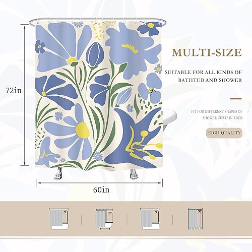 Miniatura 5 de Glawry Cortina de ducha bohemia azul y verde, abstracta, linda, azul marino, Matisse, floral, flores, hojas, retro, Groovy, baño, moderno, 60