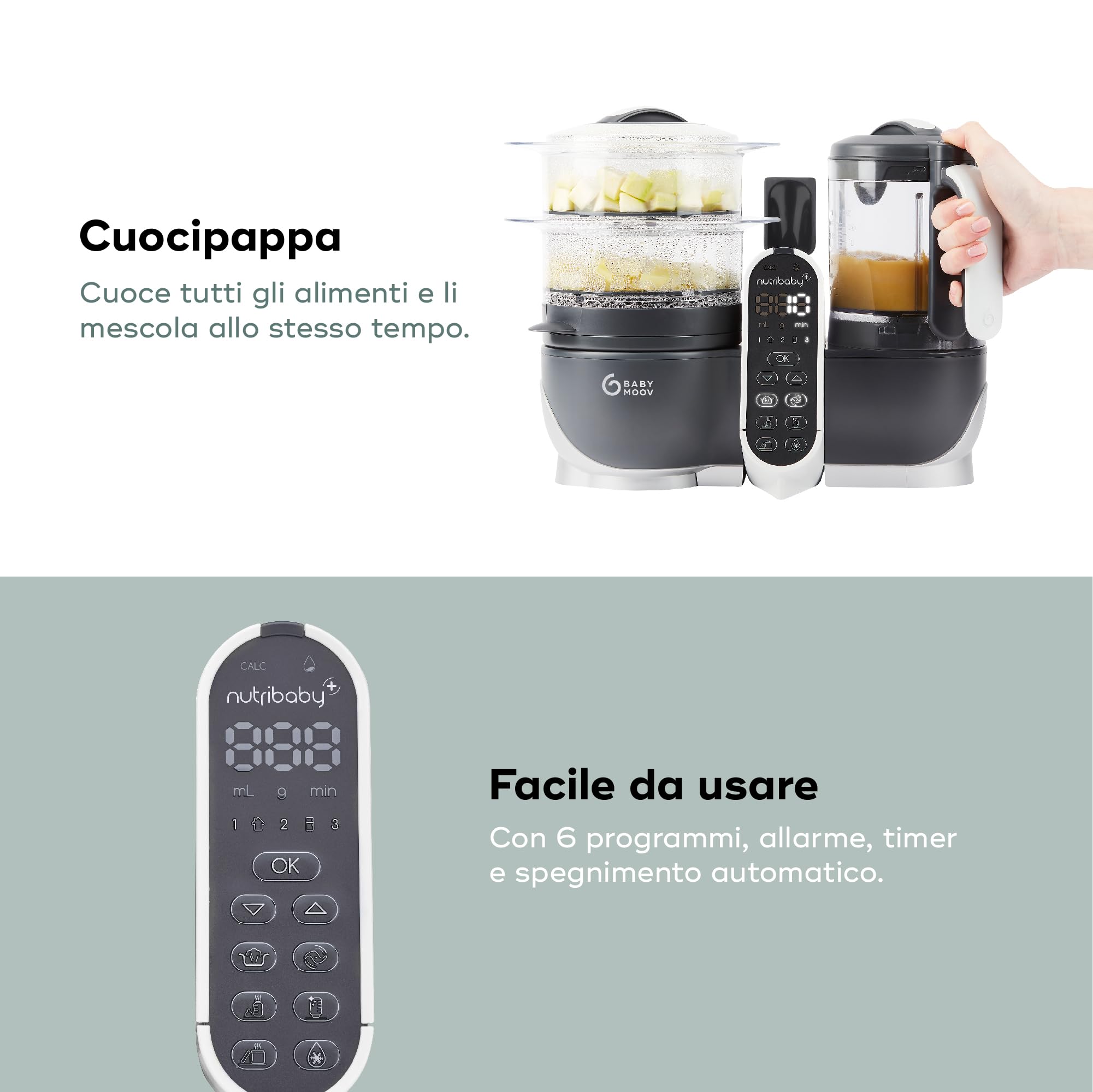 Babymoov Nutribaby+, Cuocipappa Multifunzione 6 in 1 Grigio + Babybols Set Da Sei Vasetti 250 Ml, Cuocivapore, Frullatore, Grande Capacità per i Bambini, Fino a 10 Pasti Preparati Contemporaneamente