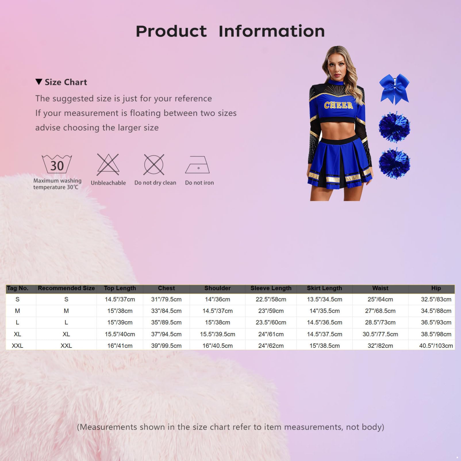 Alvivi 5Pcs Cheer Leader Kostüm Damen Langarm Cheerleading Uniform Crop Tops mit Rock Pompoms Socken Haarband Halloween Karneval Fasching Kostüm